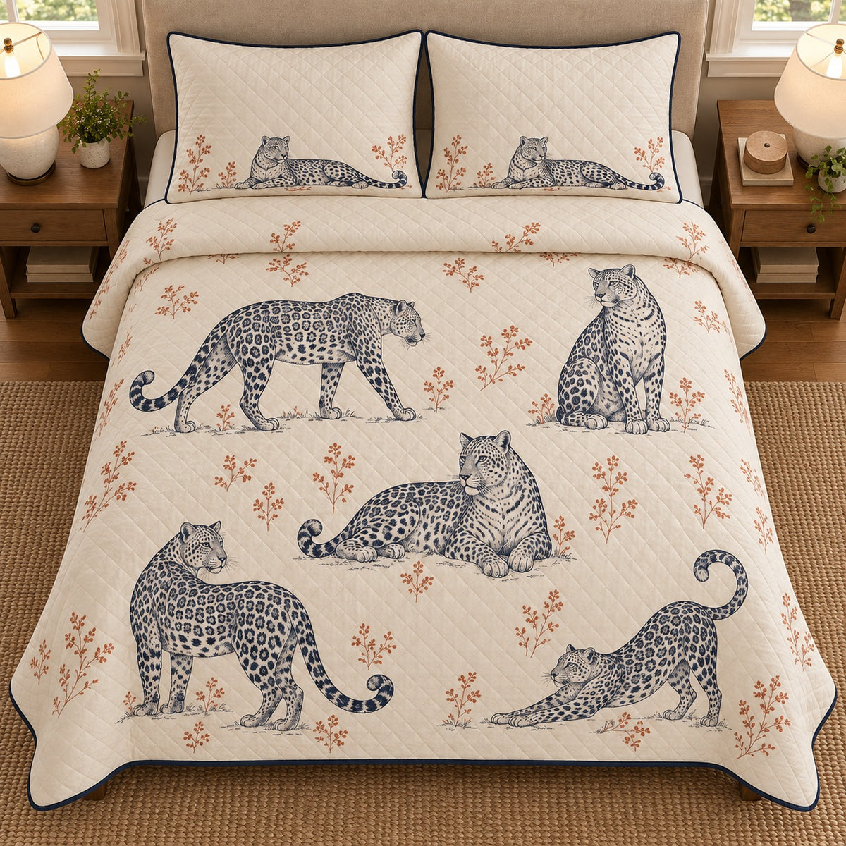 AI mockup, high overhead bedroom view of a leopard quilt with five leopard poses in a line-art wildlife study and two matching printed pillow covers.