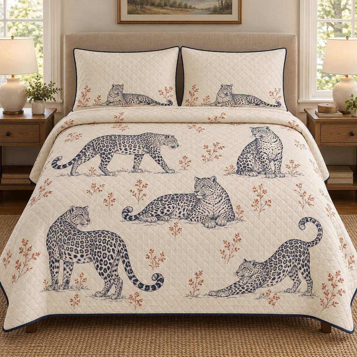 AI mockup, front bedroom view of a leopard quilt with five leopard poses in a line-art wildlife study and two matching printed pillow covers.