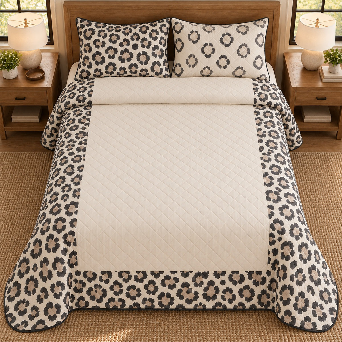 AI mockup, high overhead bedroom view of a leopard quilt with leopard rosette border around a cream center and two matching printed pillow covers.
