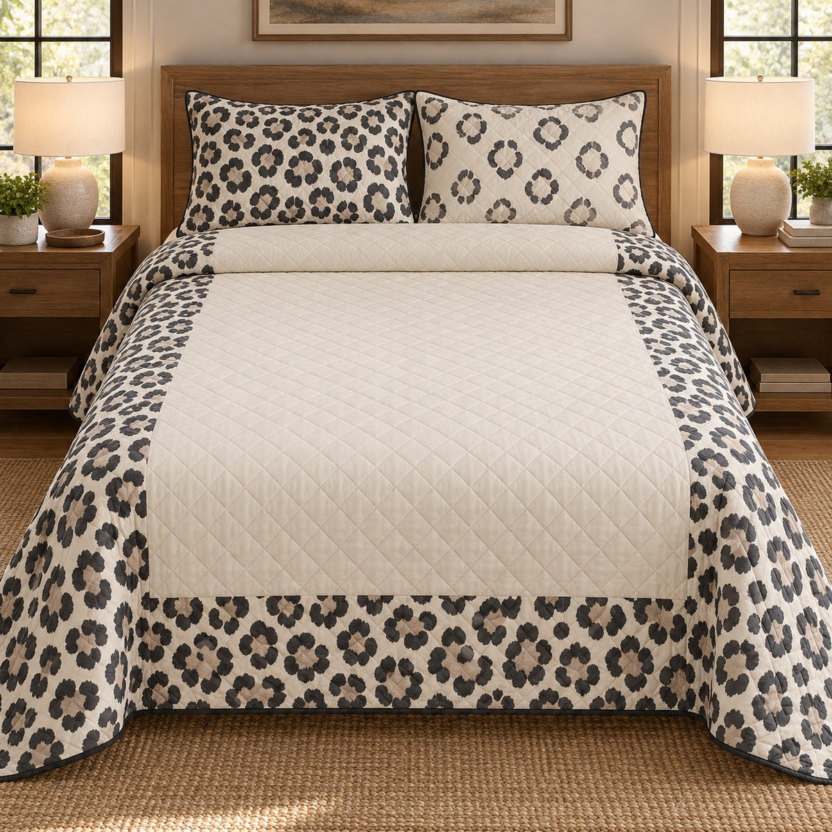 AI mockup, front bedroom view of a leopard quilt with leopard rosette border around a cream center and two matching printed pillow covers.