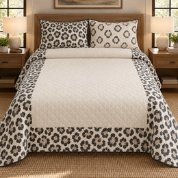 Leopard Quilt Set, Rosette Border, Wildlife Bedroom Decor, Gift for Leopard Lovers