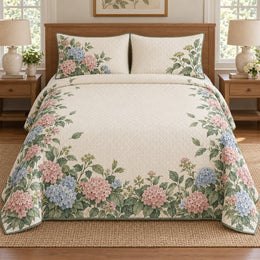 Hydrangea Quilt Set, Hedge Border, Floral Bedroom Decor, Gift for Hydrangea Lovers