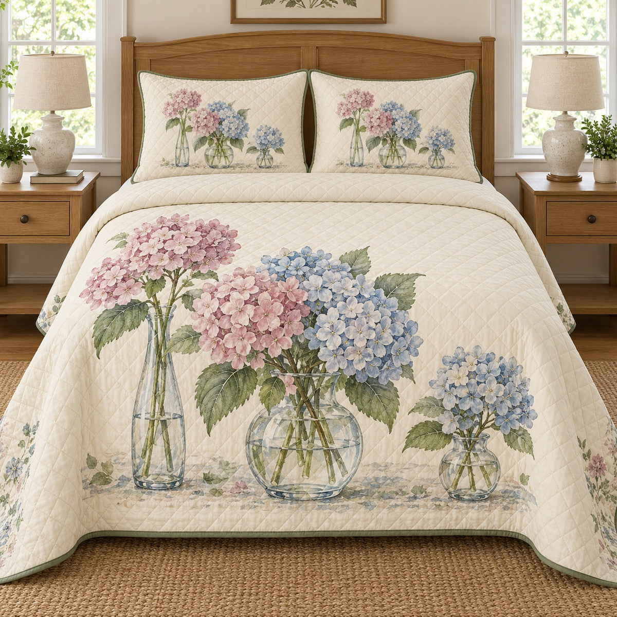AI mockup, front bedroom view of a hydrangea quilt with hydrangeas arranged in three glass vases and two matching printed pillow covers.
