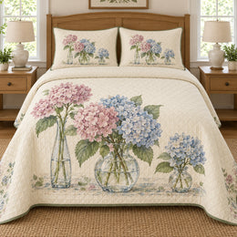 Hydrangea Quilt Set, Glass Vase Trio, Floral Bedroom Decor, Gift for Hydrangea Lovers