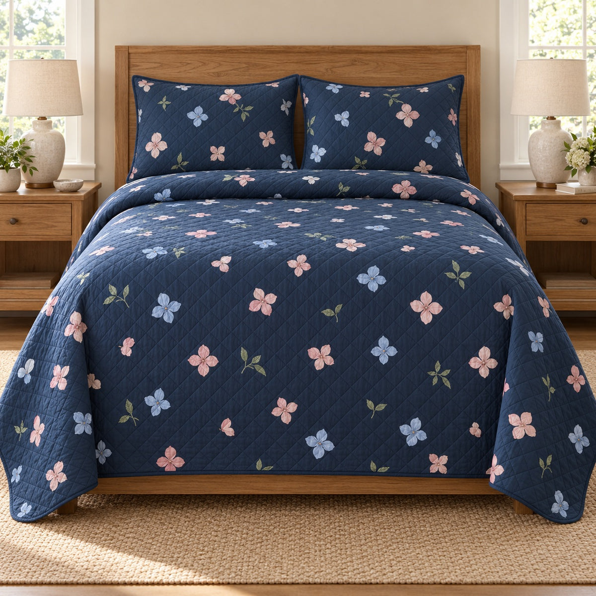 AI mockup, front bedroom view of a hydrangea quilt with pink and blue hydrangea florets scattered on navy and two matching printed pillow covers.