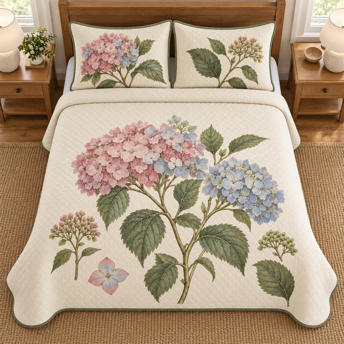 AI mockup, high overhead bedroom view of a hydrangea quilt with hydrangea flower clusters, buds and botanical leaves and two matching printed pillow covers.