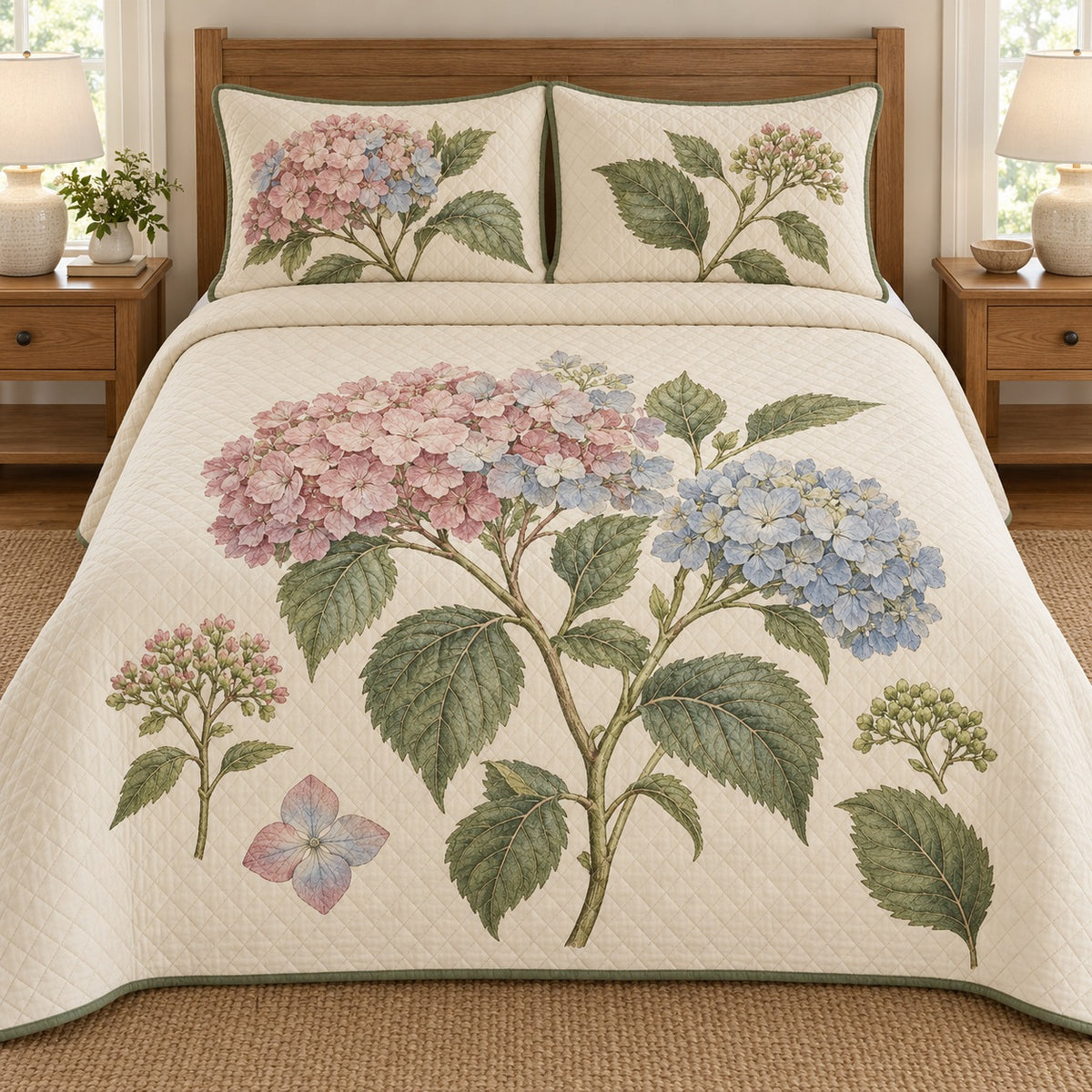 AI mockup, front bedroom view of a hydrangea quilt with hydrangea flower clusters, buds and botanical leaves and two matching printed pillow covers.