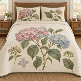 Hydrangea Quilt Set, Botanical Study, Floral Bedroom Decor, Gift for Hydrangea Lovers