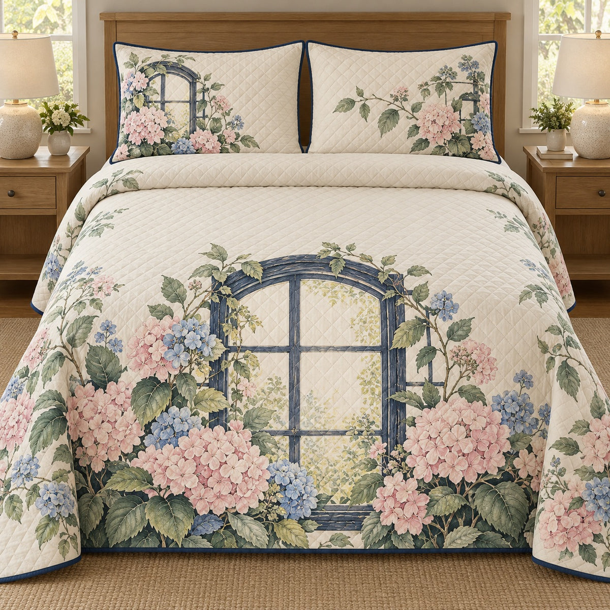 AI mockup, front bedroom view of a hydrangea quilt with hydrangeas surrounding a blue arched window and two matching printed pillow covers.