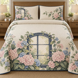 Hydrangea Quilt Set, Blue Window Frame, Floral Bedroom Decor, Gift for Hydrangea Lovers