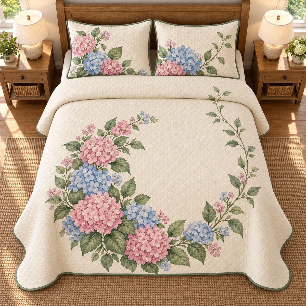 AI mockup, high overhead bedroom view of a hydrangea quilt with open pink and blue hydrangea wreath and two matching printed pillow covers.