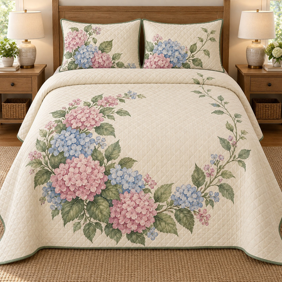 AI mockup, front bedroom view of a hydrangea quilt with open pink and blue hydrangea wreath and two matching printed pillow covers.