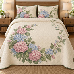 Hydrangea Quilt Set, Open Floral Wreath, Floral Bedroom Decor, Gift for Hydrangea Lovers