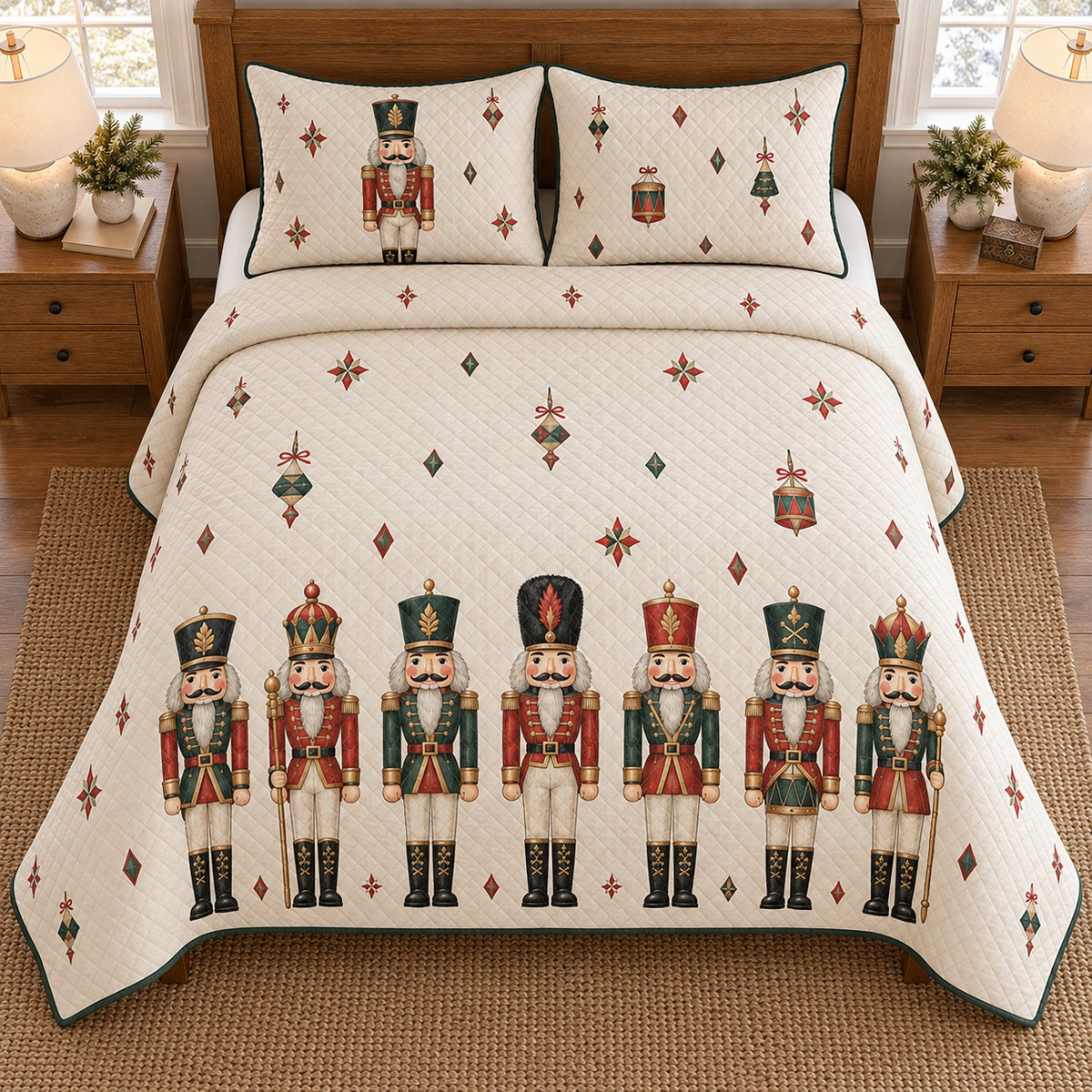 AI mockup, high overhead bedroom view of a nutcracker quilt with nutcracker toy soldier parade and geometric ornaments and two matching printed pillow covers.