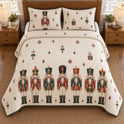 AI mockup, high overhead bedroom view of a nutcracker quilt with nutcracker toy soldier parade and geometric ornaments and two matching printed pillow covers.