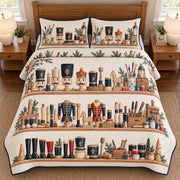 AI mockup, high overhead bedroom view of a nutcracker quilt with nutcracker parts and tools on illustrated workshop shelves and two matching printed pillow covers.