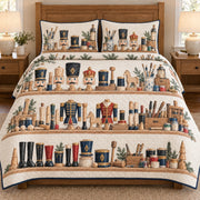 AI mockup, front bedroom view of a nutcracker quilt with nutcracker parts and tools on illustrated workshop shelves and two matching printed pillow covers.