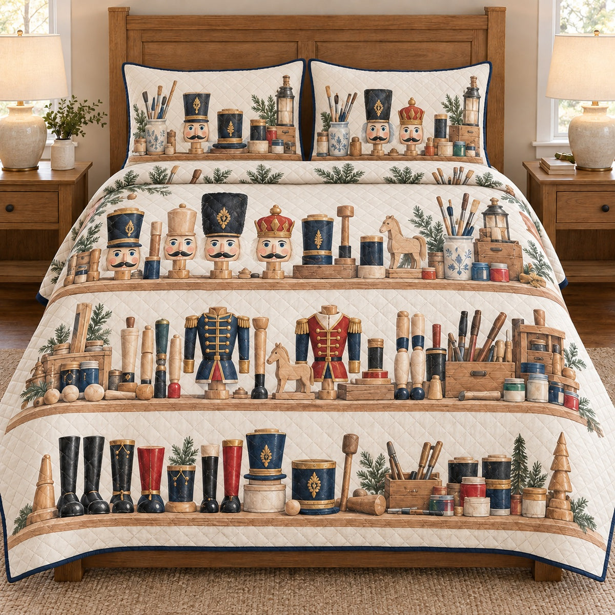 AI mockup, front bedroom view of a nutcracker quilt with nutcracker parts and tools on illustrated workshop shelves and two matching printed pillow covers.
