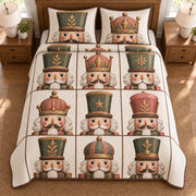 AI mockup, high overhead bedroom view of a nutcracker quilt with nutcracker face portraits in a printed tile grid and two matching printed pillow covers.