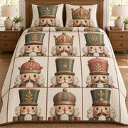 AI mockup, front bedroom view of a nutcracker quilt with nutcracker face portraits in a printed tile grid and two matching printed pillow covers.