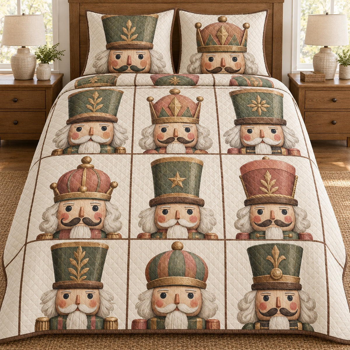 AI mockup, front bedroom view of a nutcracker quilt with nutcracker face portraits in a printed tile grid and two matching printed pillow covers.