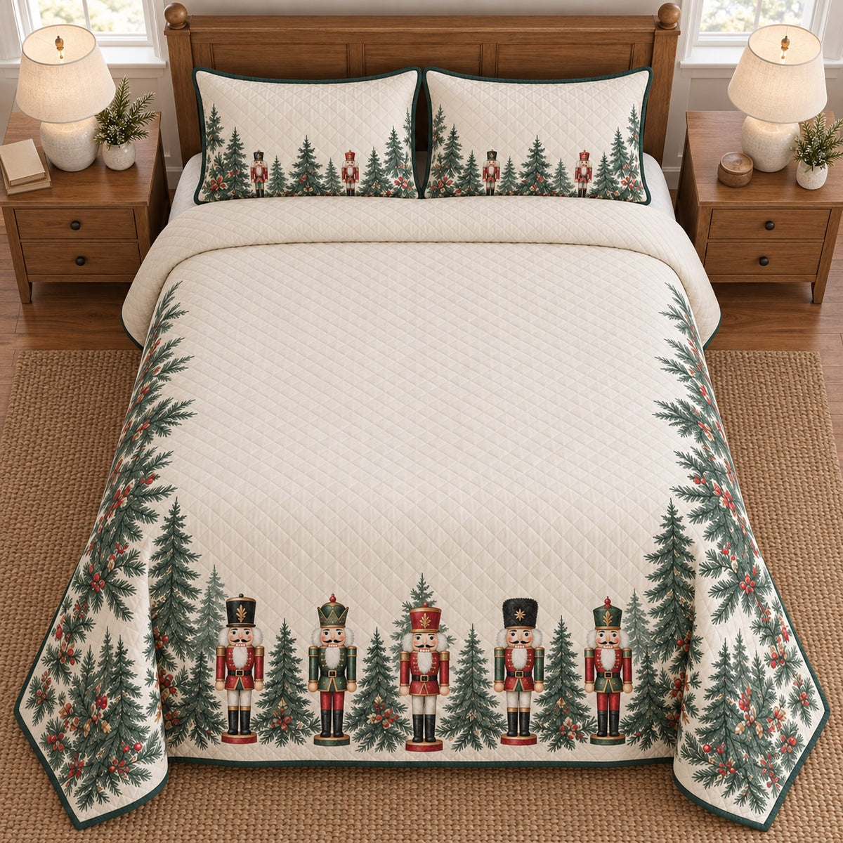 AI mockup, high overhead bedroom view of a nutcracker quilt with nutcrackers and evergreen forest border and two matching printed pillow covers.