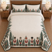 AI mockup, high overhead bedroom view of a nutcracker quilt with nutcrackers and evergreen forest border and two matching printed pillow covers.