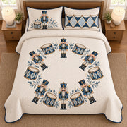AI mockup, high overhead bedroom view of a nutcracker quilt with blue nutcrackers and drums in a circular arrangement and two matching printed pillow covers.