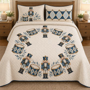 AI mockup, front bedroom view of a nutcracker quilt with blue nutcrackers and drums in a circular arrangement and two matching printed pillow covers.