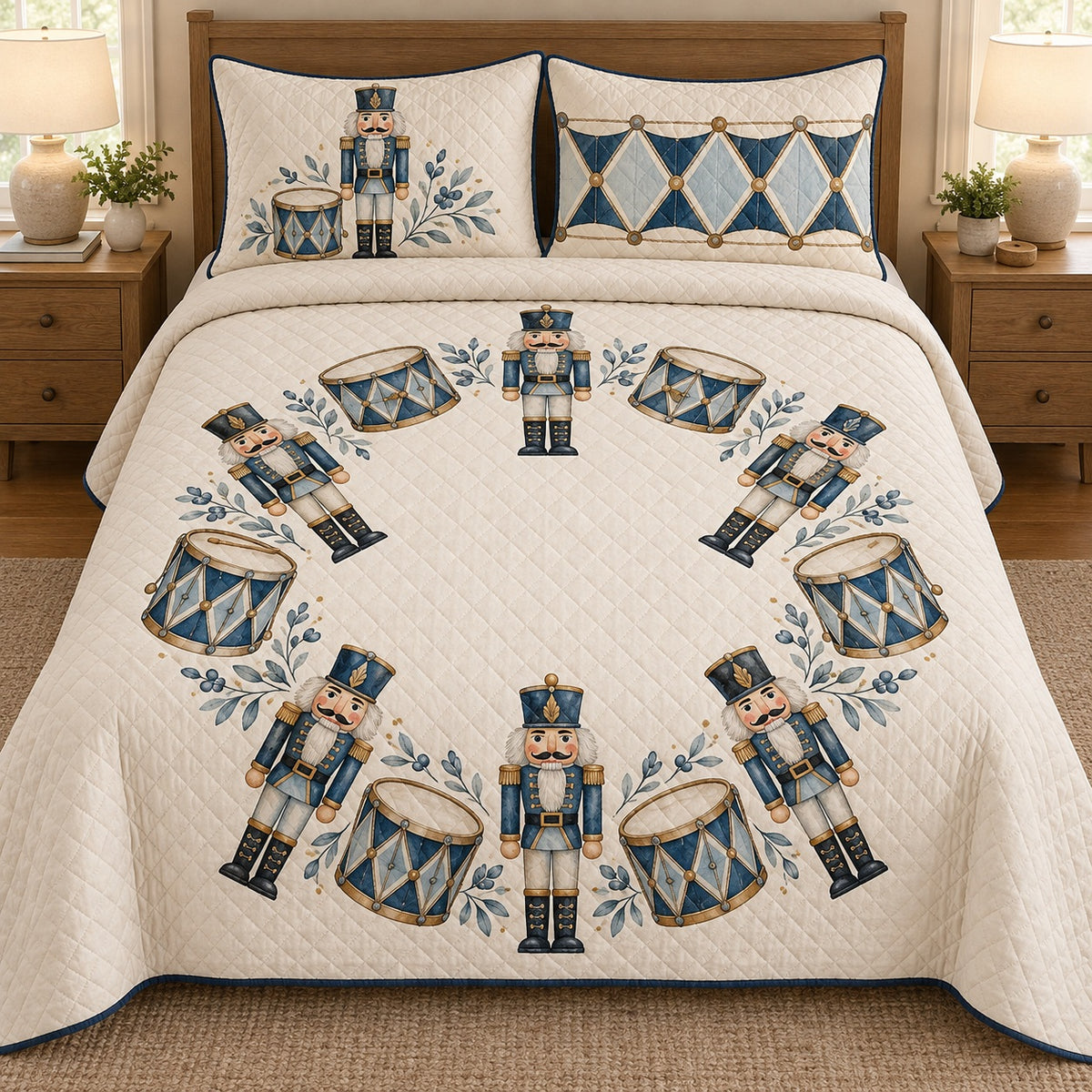 AI mockup, front bedroom view of a nutcracker quilt with blue nutcrackers and drums in a circular arrangement and two matching printed pillow covers.