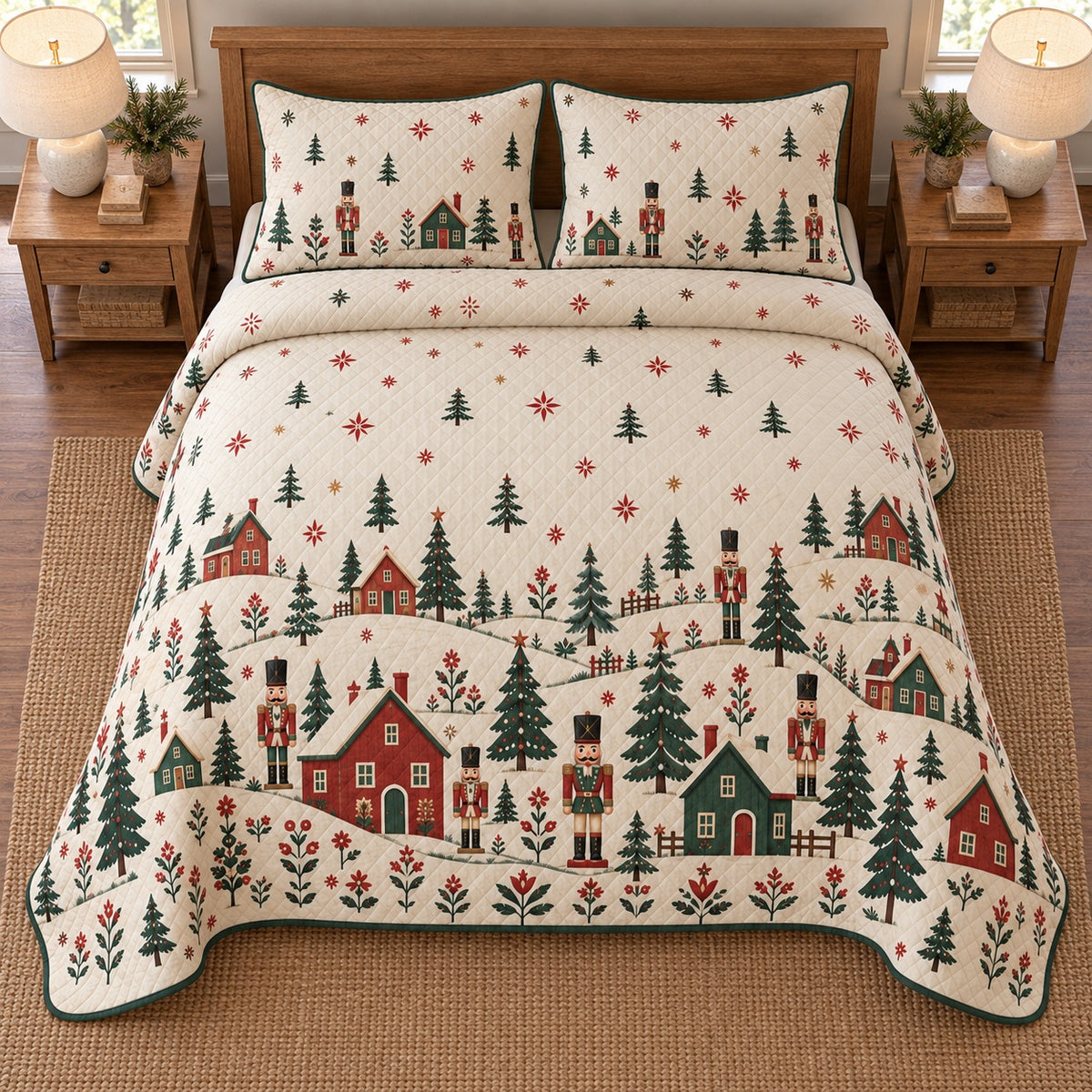 AI mockup, high overhead bedroom view of a nutcracker quilt with folk toy village with nutcrackers and evergreen trees and two matching printed pillow covers.