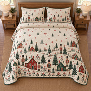 AI mockup, high overhead bedroom view of a nutcracker quilt with folk toy village with nutcrackers and evergreen trees and two matching printed pillow covers.