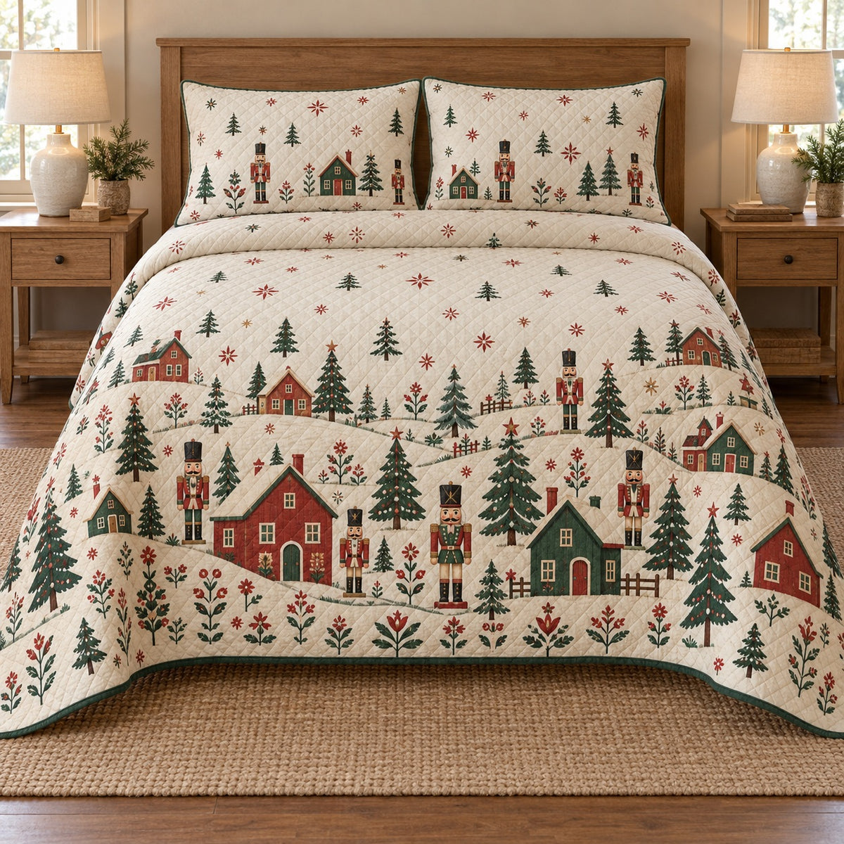 AI mockup, front bedroom view of a nutcracker quilt with folk toy village with nutcrackers and evergreen trees and two matching printed pillow covers.