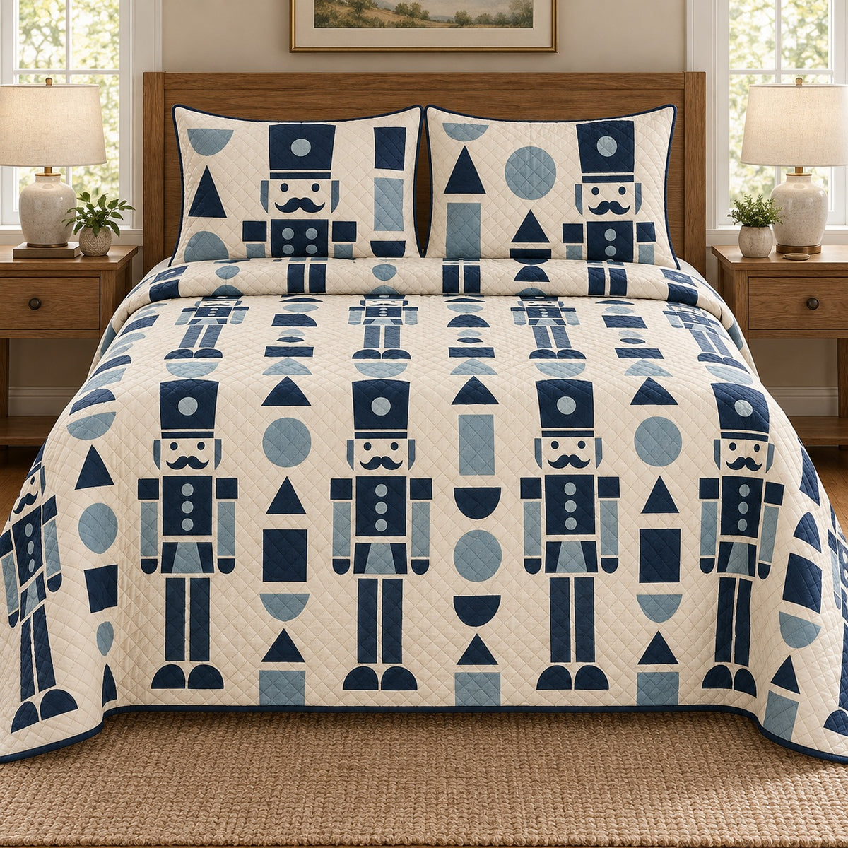 AI mockup, front bedroom view of a nutcracker quilt with blue geometric nutcrackers and modular shapes and two matching printed pillow covers.