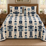 AI mockup, front bedroom view of a nutcracker quilt with blue geometric nutcrackers and modular shapes and two matching printed pillow covers.