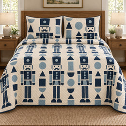 Nutcracker Quilt Set, Blue Geometric Shapes, Holiday Bedroom Decor, Gift for Nutcracker Lovers