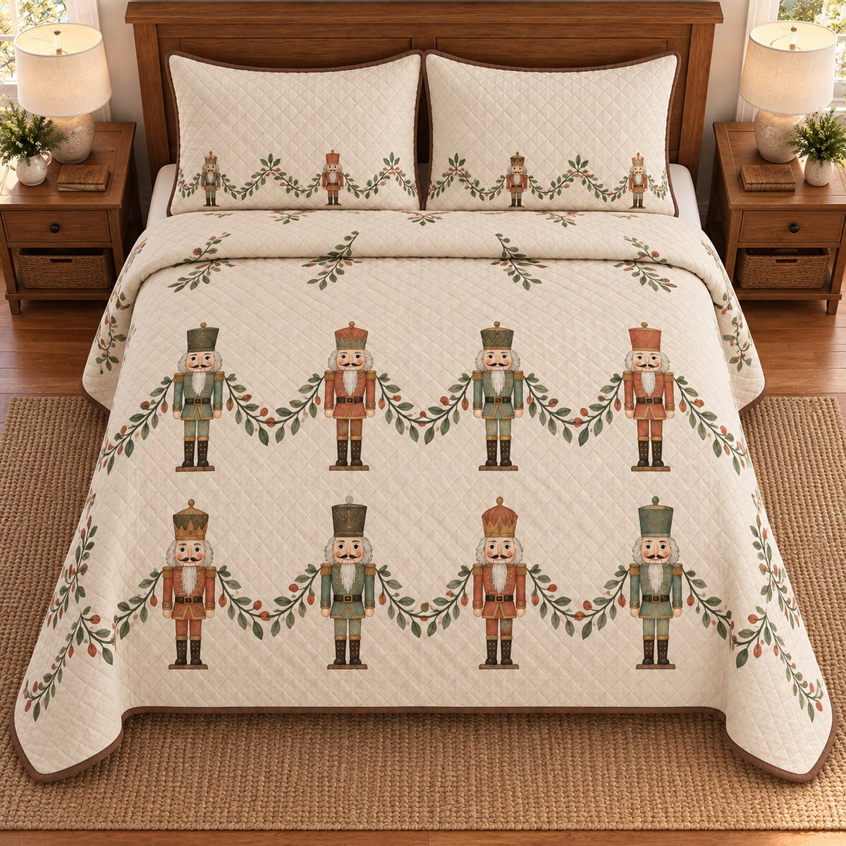 AI mockup, high overhead bedroom view of a nutcracker quilt with nutcracker rows and leafy garlands and two matching printed pillow covers.