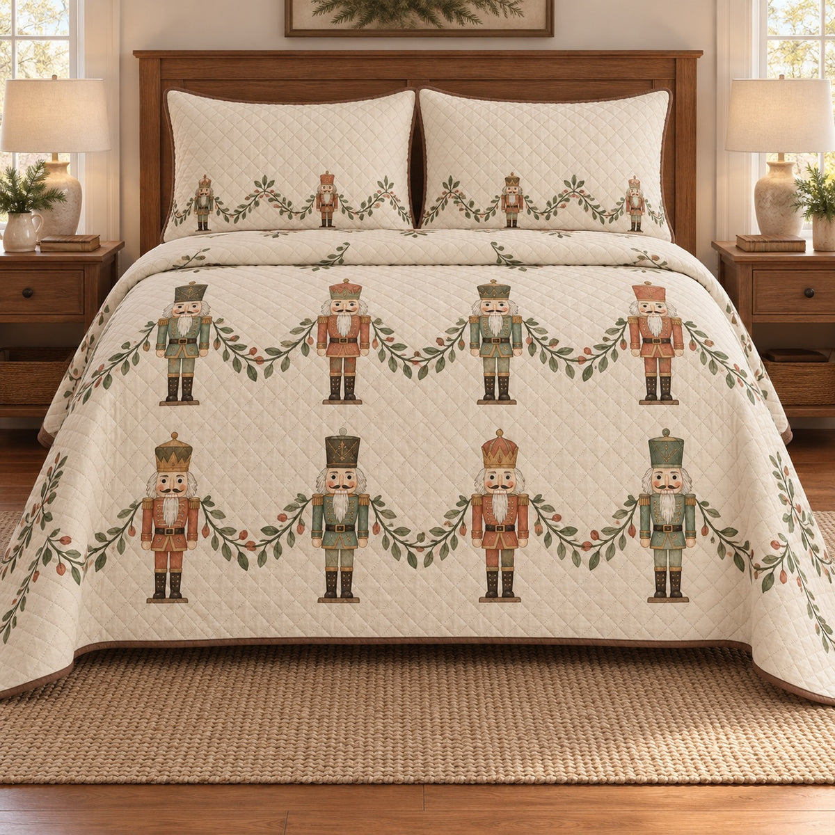 AI mockup, front bedroom view of a nutcracker quilt with nutcracker rows and leafy garlands and two matching printed pillow covers.