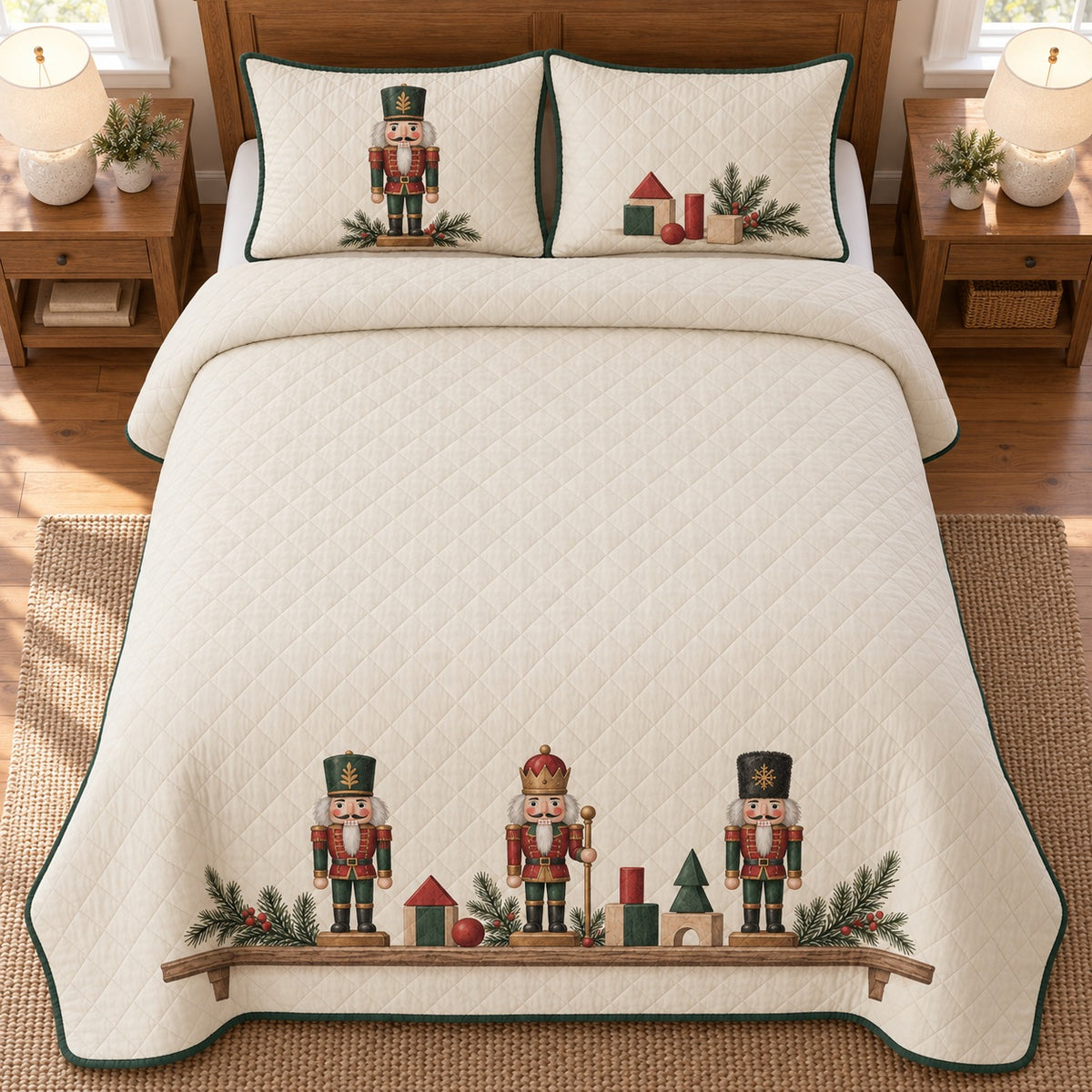 AI mockup, high overhead bedroom view of a nutcracker quilt with nutcracker toys on a single illustrated shelf and two matching printed pillow covers.