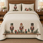 AI mockup, front bedroom view of a nutcracker quilt with nutcracker toys on a single illustrated shelf and two matching printed pillow covers.