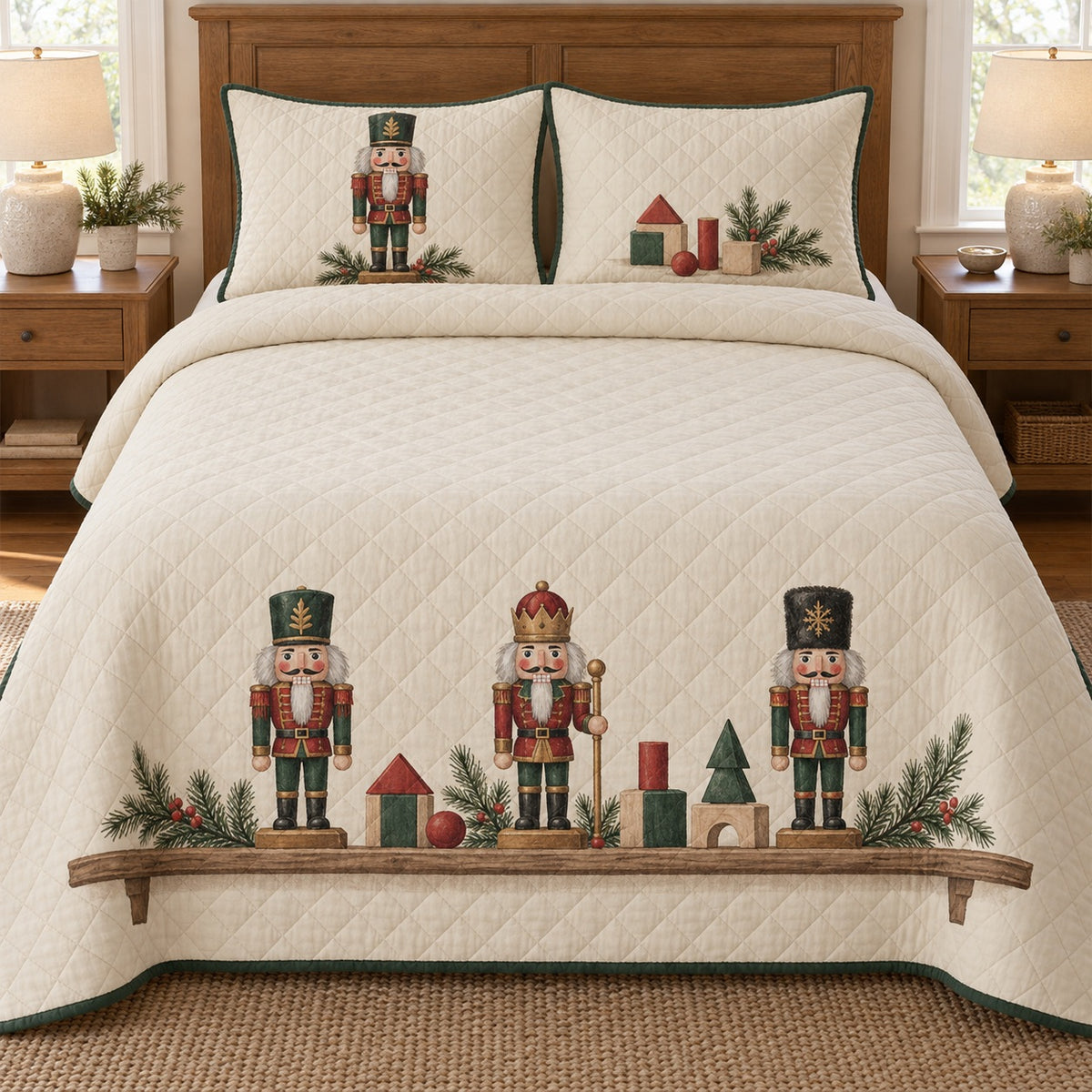 AI mockup, front bedroom view of a nutcracker quilt with nutcracker toys on a single illustrated shelf and two matching printed pillow covers.
