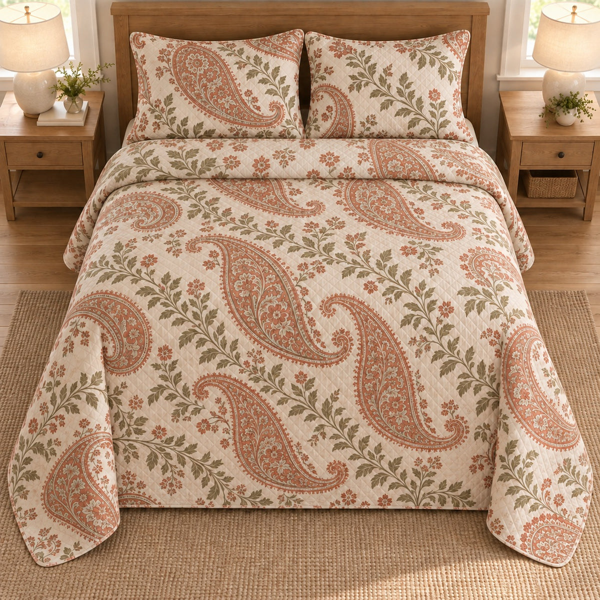 AI mockup, high overhead bedroom view of a paisley quilt with terracotta paisley teardrops and sage garden leaves and two matching printed pillow shams.