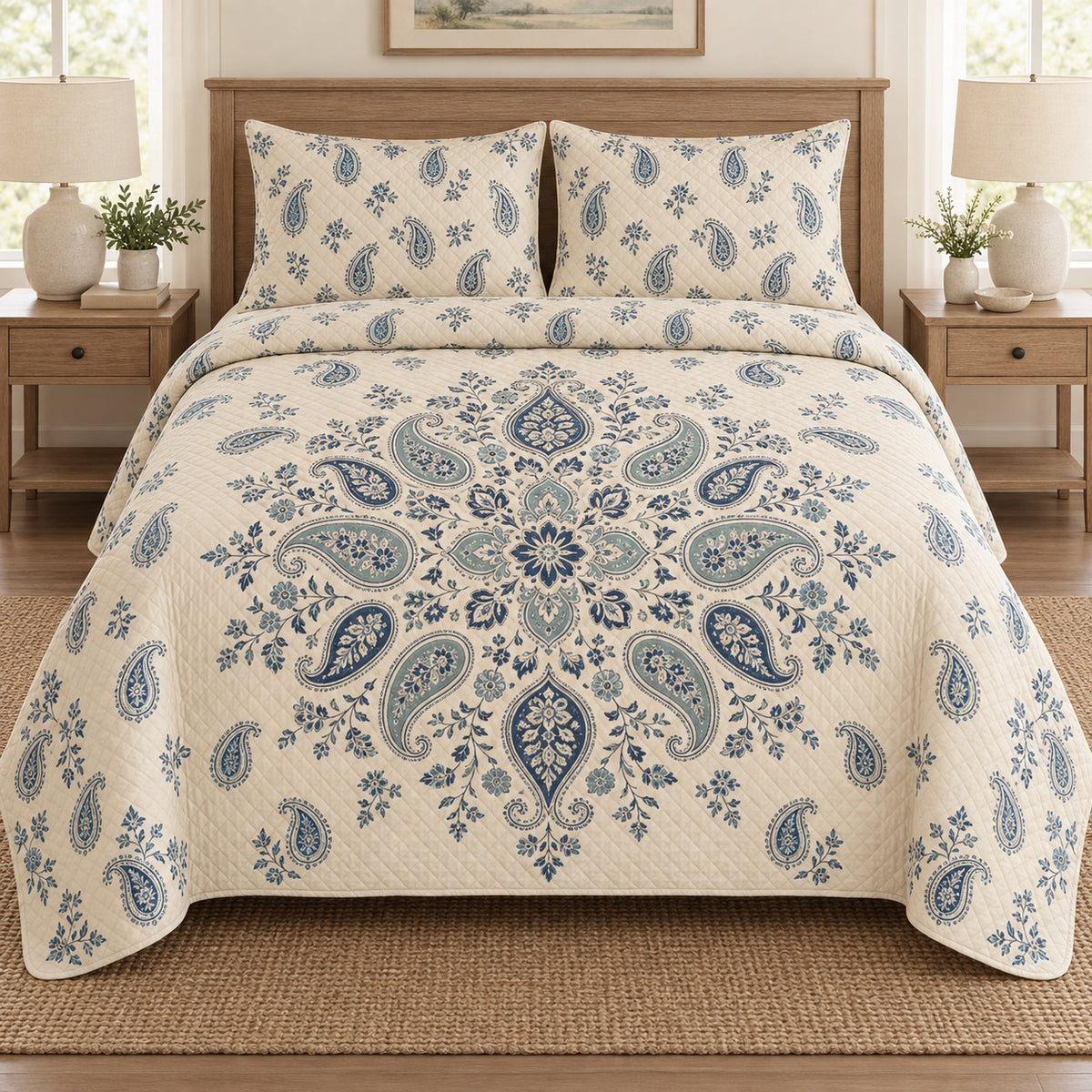 AI mockup, front bedroom view of a paisley quilt with central blue paisley mandala and two matching printed pillow shams.