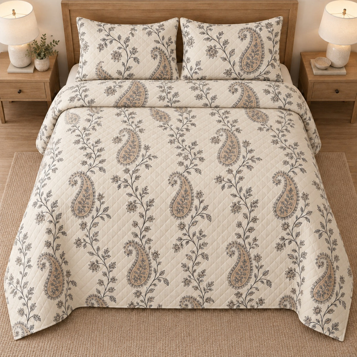 AI mockup, high overhead bedroom view of a paisley quilt with trailing floral vines and neutral paisleys and two matching printed pillow shams.