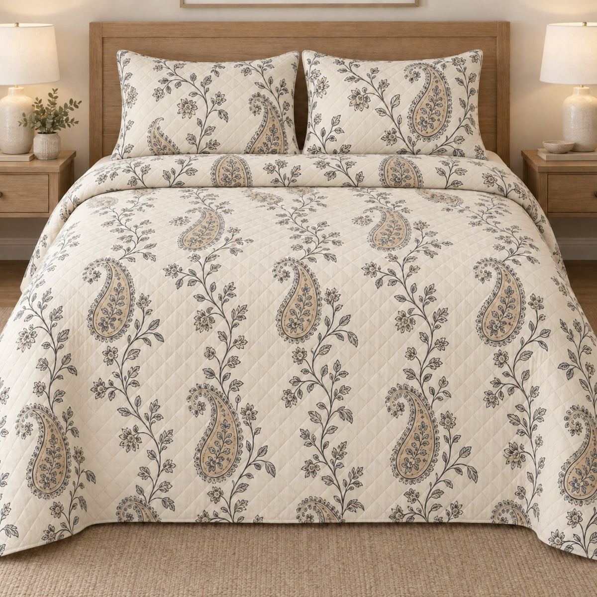 AI mockup, front bedroom view of a paisley quilt with trailing floral vines and neutral paisleys and two matching printed pillow shams.