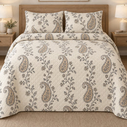 Paisley Quilt Set, Trailing Floral Vines, Neutral Bedroom Decor, Gift for Botanical Pattern Lovers