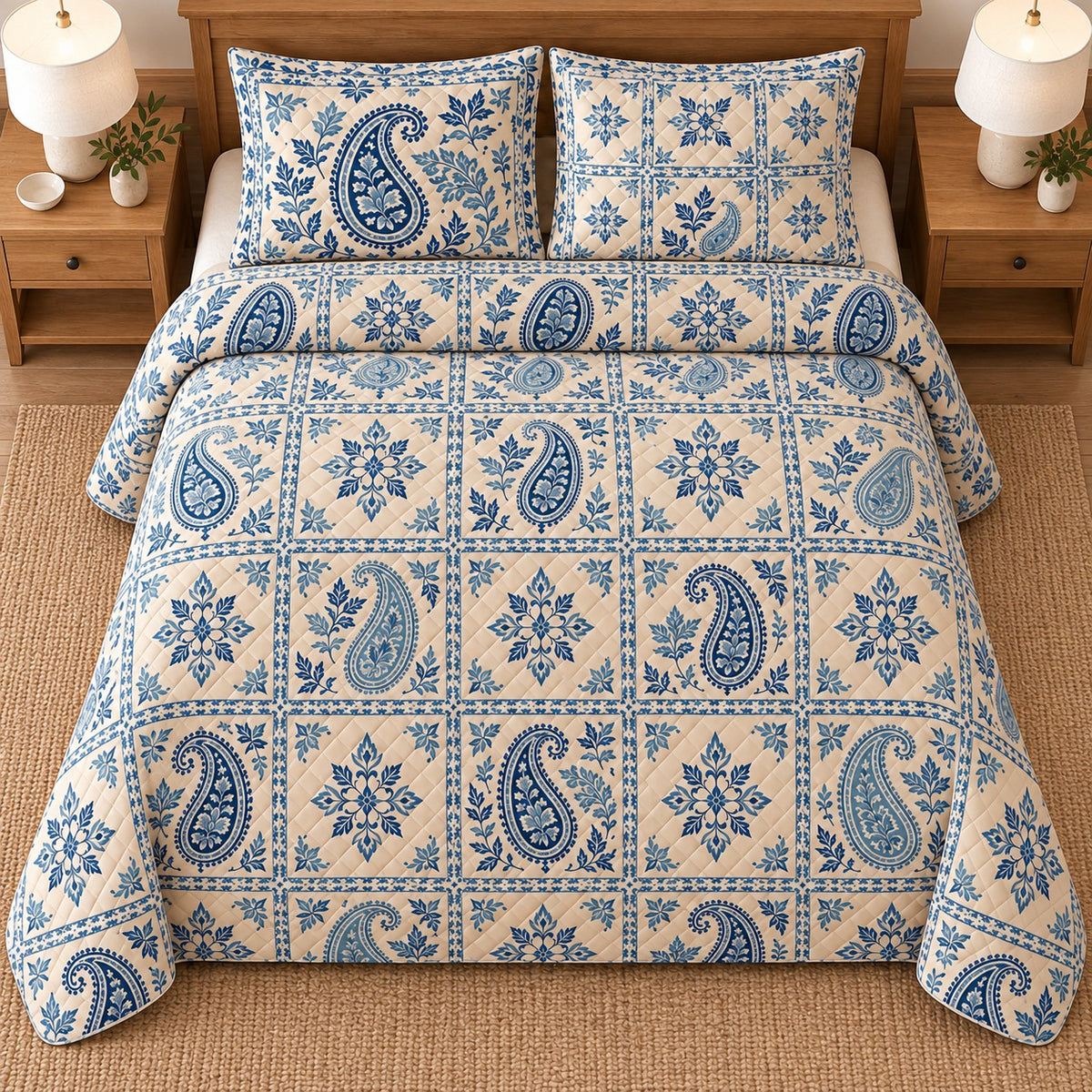 AI mockup, high overhead bedroom view of a paisley quilt with printed patchwork paisley tiles and two matching printed pillow shams.