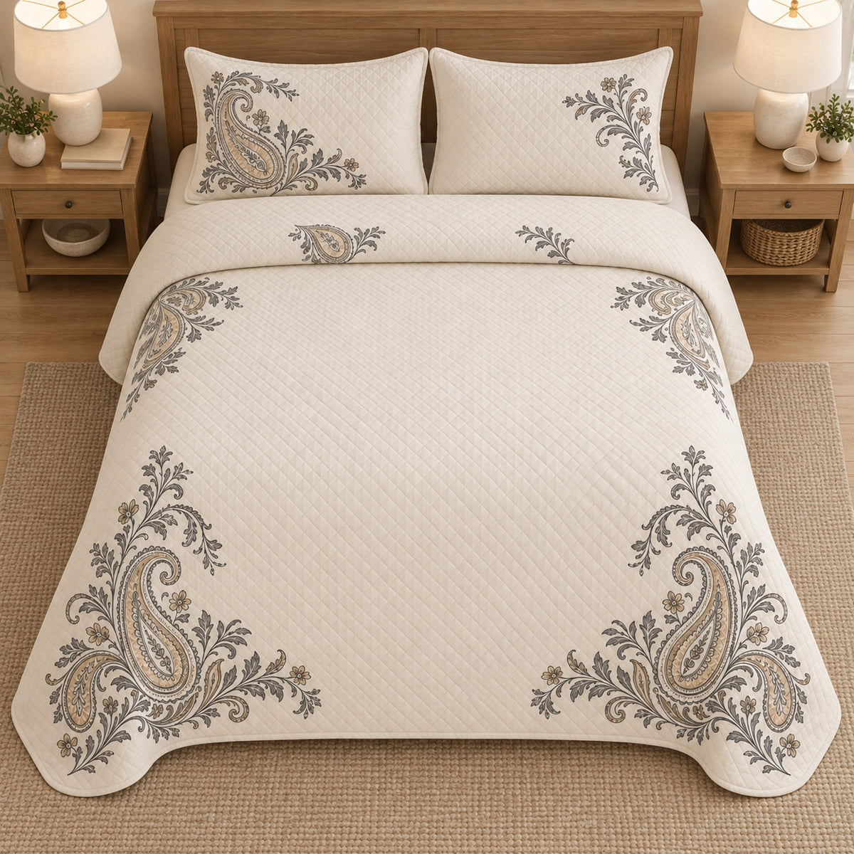 AI mockup, high overhead bedroom view of a paisley quilt with paisley corner flourishes and open center and two matching printed pillow shams.