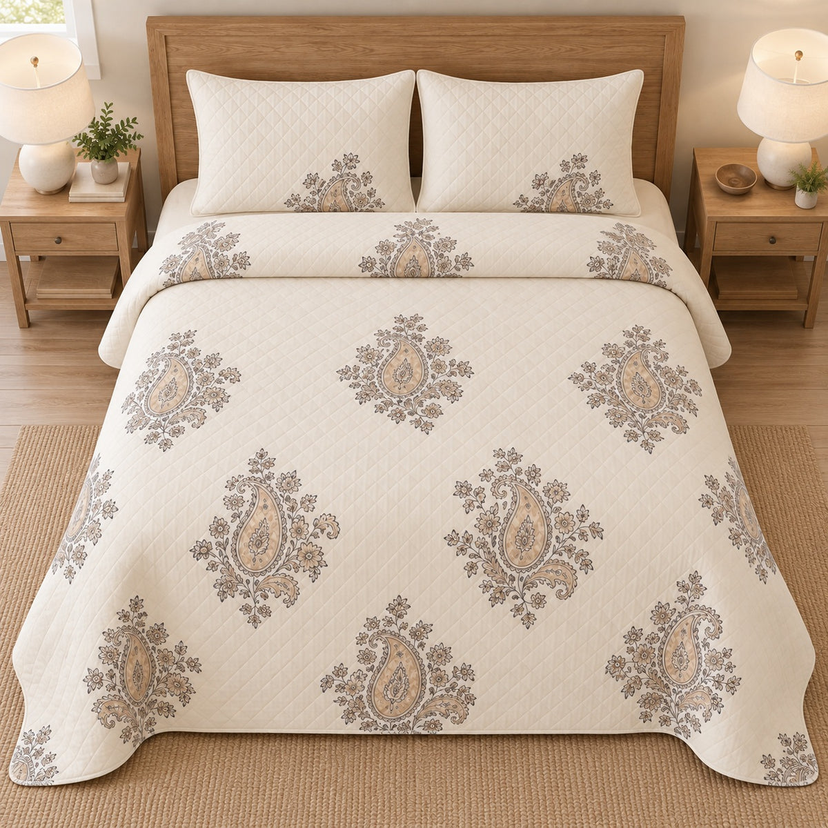 AI mockup, high overhead bedroom view of a paisley quilt with floating paisley islands on cream and two matching printed pillow shams.