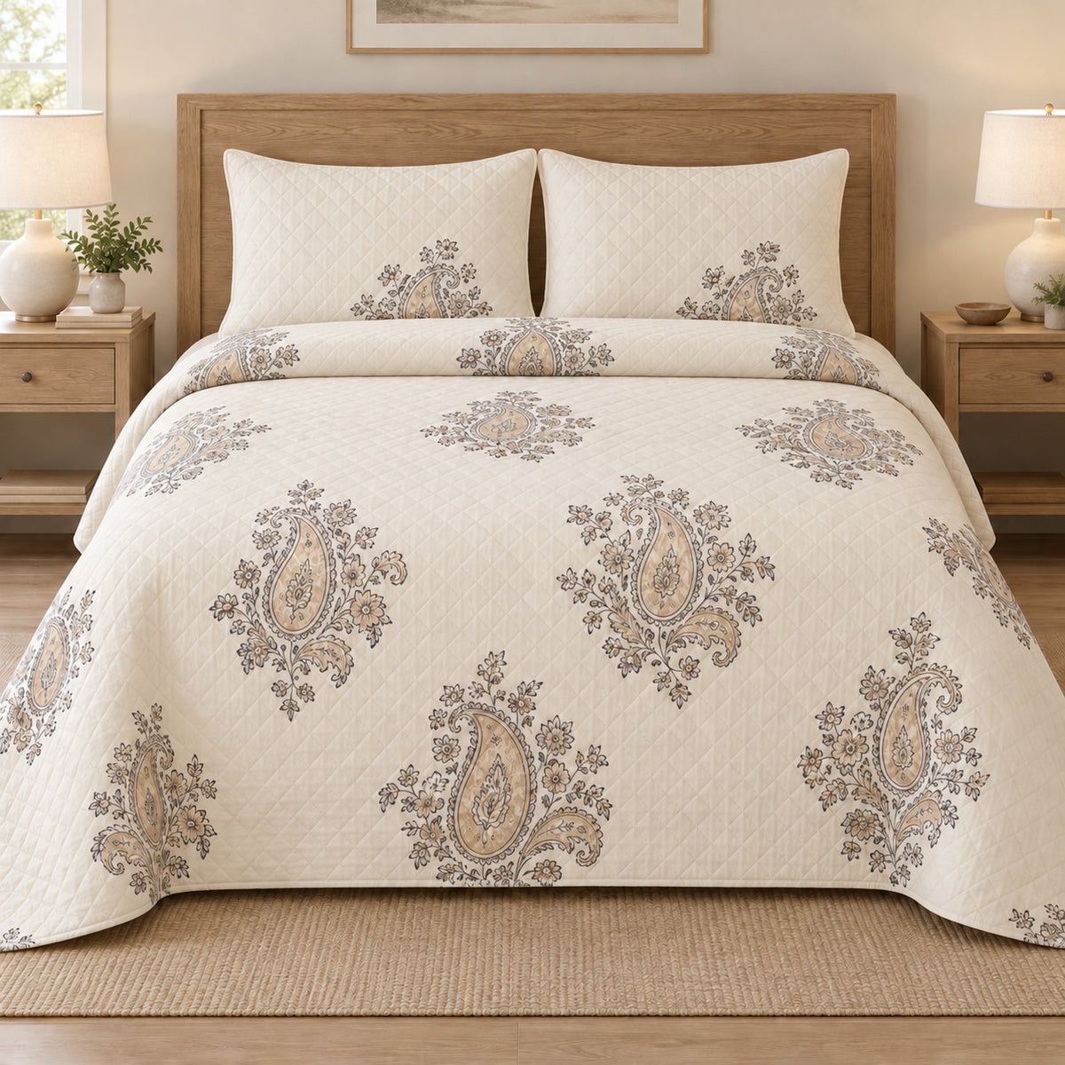 AI mockup, front bedroom view of a paisley quilt with floating paisley islands on cream and two matching printed pillow shams.